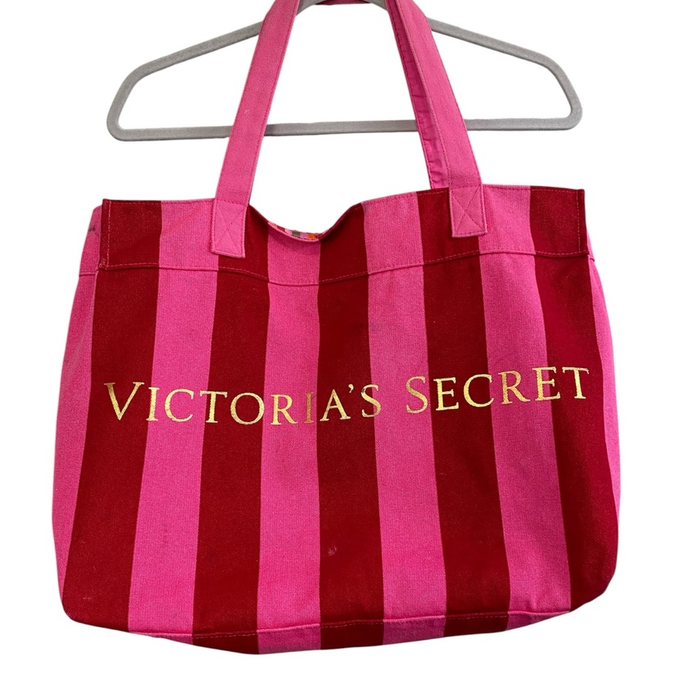 Victoria's Secret Pink Red Striped Canvas Tote Bag Metallic Beach Travel Summer - Picture 16 of 16